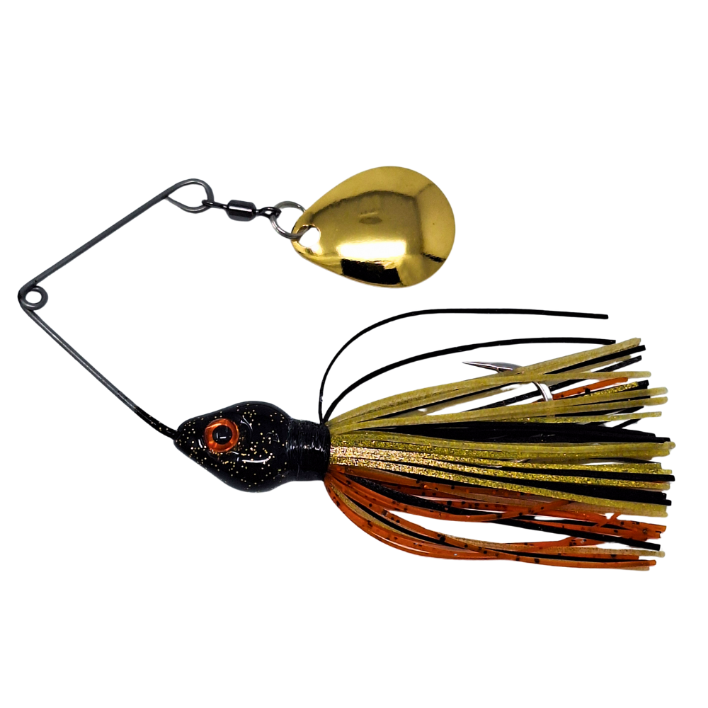 Fishing lure with gold and black colors on a white background